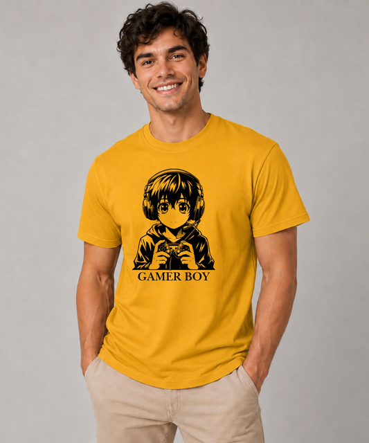 Gamer Boy Anime T-Shirt Musturd Yellow β Gaming Headset & Controller Graphic