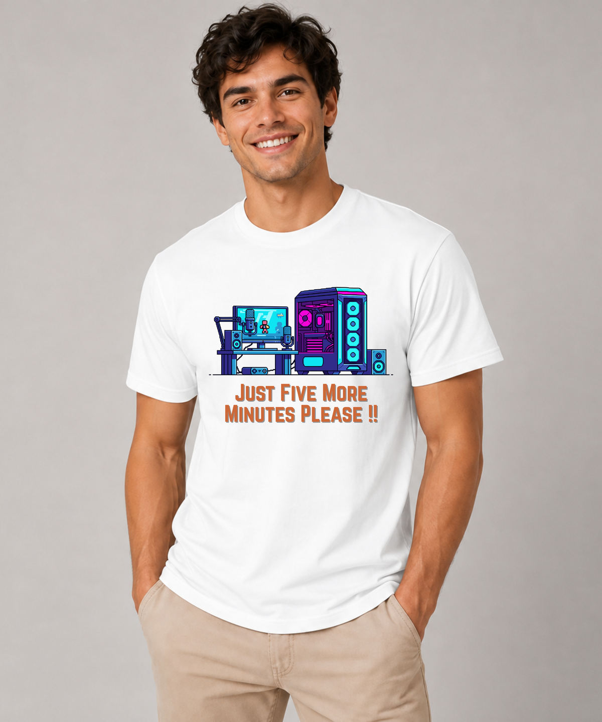 Just Five More Minutes Please!! | Funny Gamer T-Shirt White | RGB Gaming Setup Graphic Tee