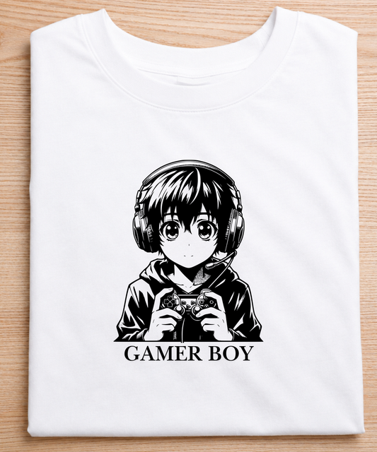 Gamer Boy Anime T-Shirt White – Gaming Headset & Controller Graphic