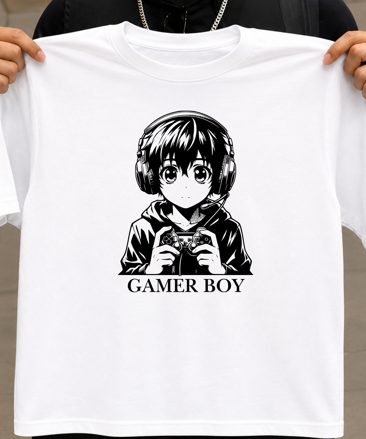 Gamer Boy Anime T-Shirt White – Gaming Headset & Controller Graphic