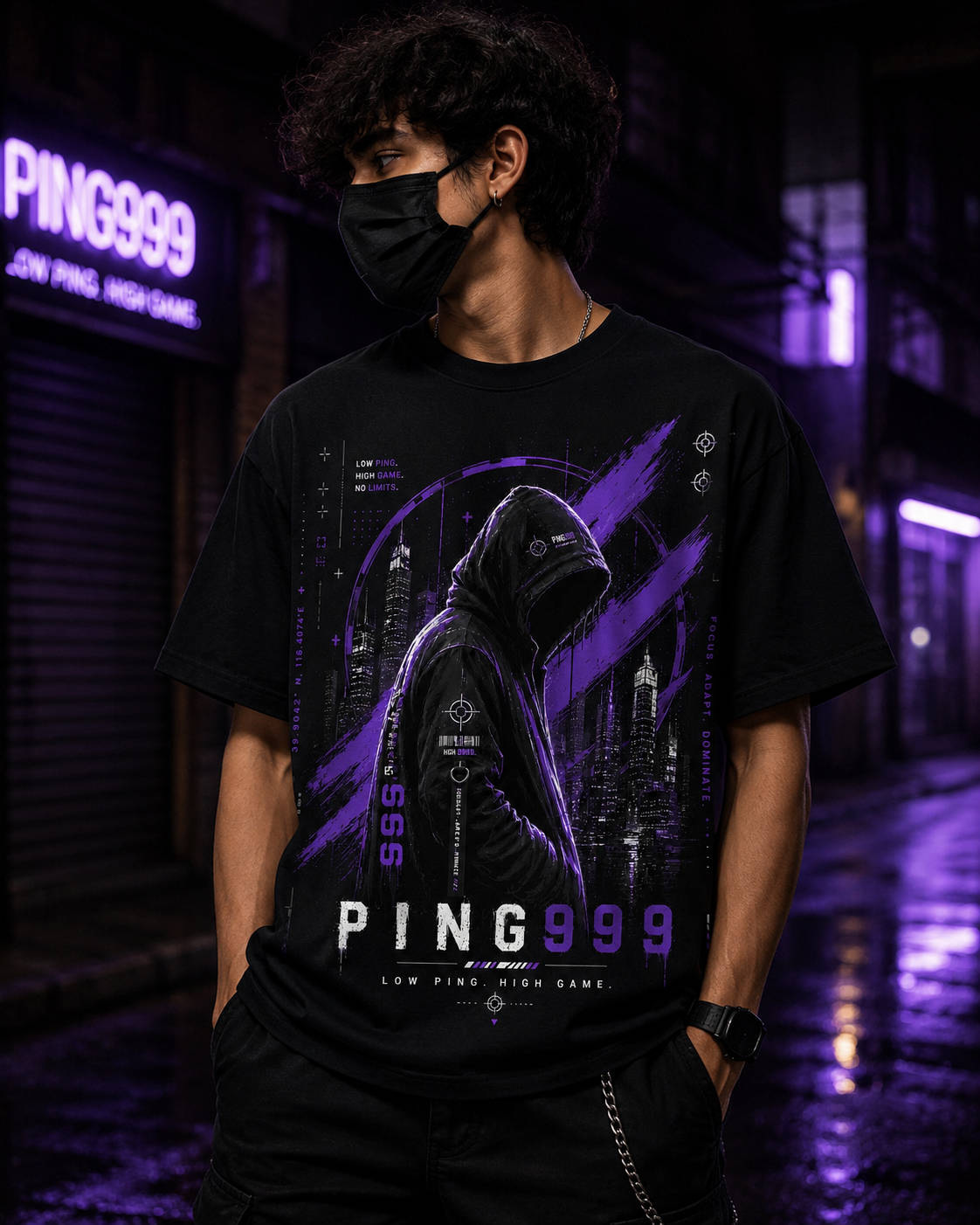 PING999® Ghost Signal Graphic T-Shirt | Unisex Classic Crew Neck | Black