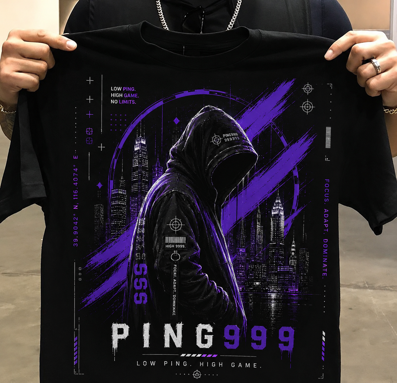 PING999® Ghost Signal Graphic T-Shirt | Unisex Classic Crew Neck | Black