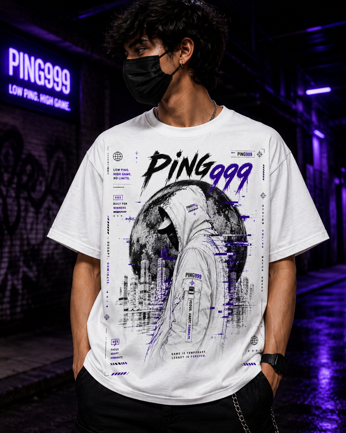 PING999® Shadow Protocol Graphic T-Shirt | Unisex Classic Crew Neck | White