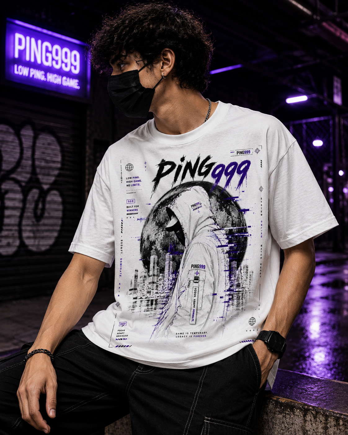 PING999® Shadow Protocol Graphic T-Shirt | Unisex Classic Crew Neck | White