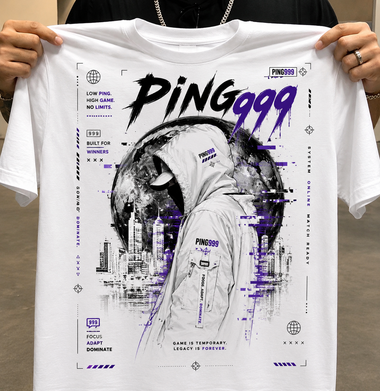 PING999® Shadow Protocol Graphic T-Shirt | Unisex Classic Crew Neck | White