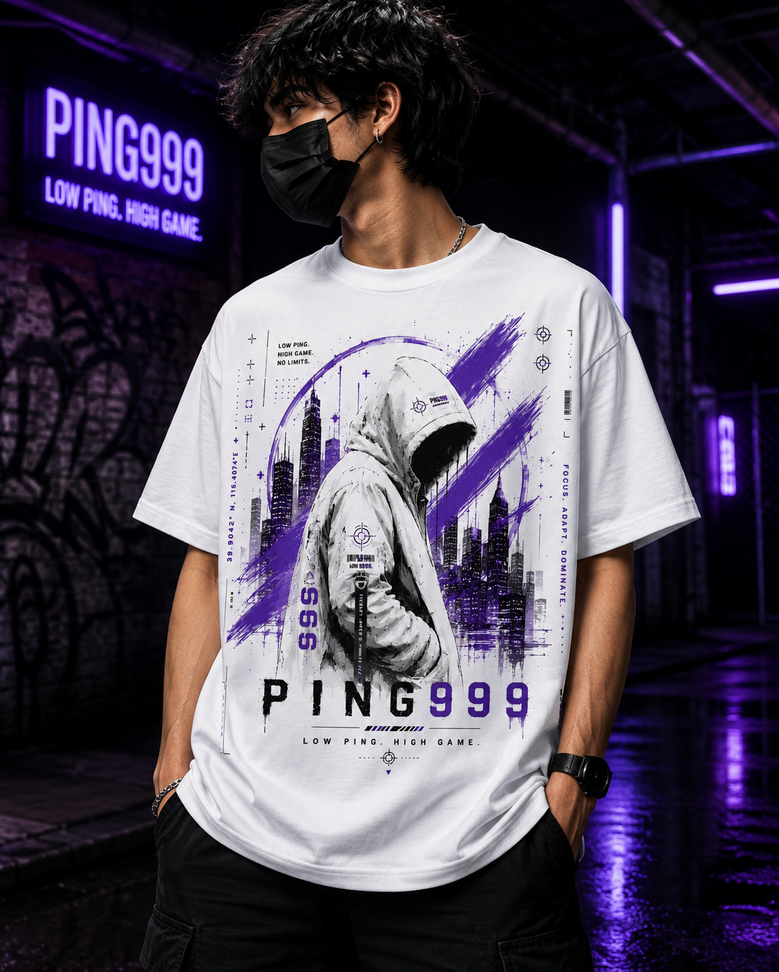 PING999® Neon Reign Graphic T-Shirt | Unisex Classic Crew Neck | White